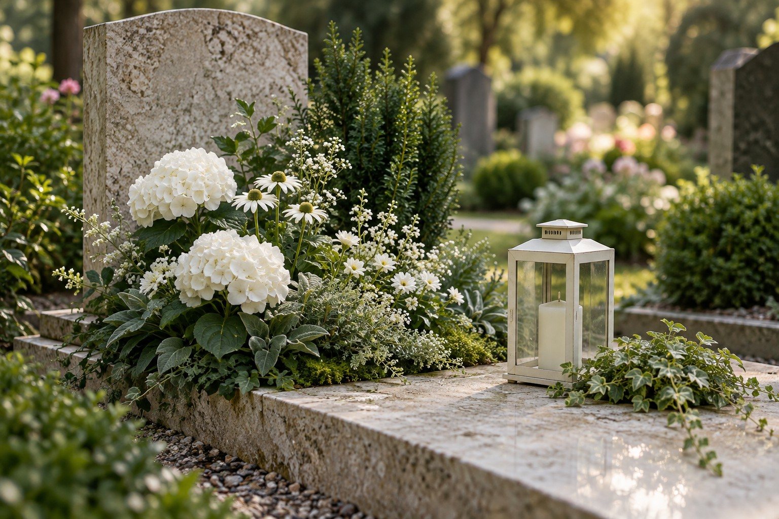 Weiße Blüten und eine helle Grablaterne an einer gepflegten Grabstätte (KI-generiertes Symbolbild)