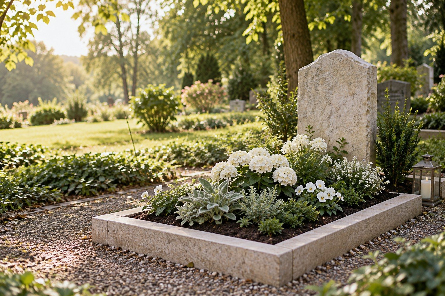 Gepflegte Grabstätte mit weißen Blüten und heller Steineinfassung (KI-generiertes Symbolbild)